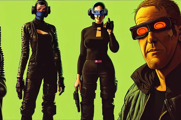 Image similar to cyberpunk heist crew. portrait by stonehouse and mœbius and will eisner and gil elvgren and pixar. character design. realistic proportions. dystopian. cyberpunk 2 0 7 7, apex, blade runner 2 0 4 9 concept art. cel shading. attractive face. thick lines. hi def 4 k. the team. detailed interesting characters. creative