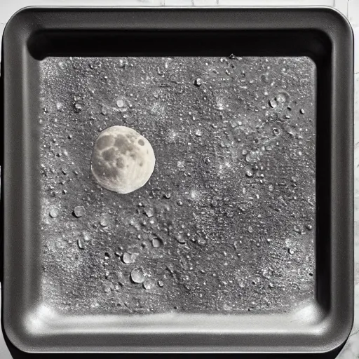 Prompt: freshly baked moon on a tray in the oven