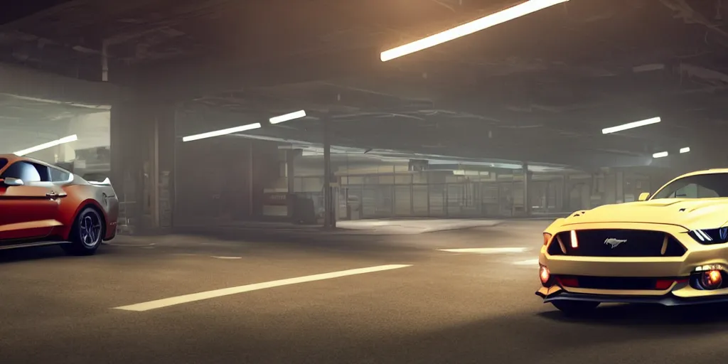 Prompt: a wholesome animation key shot of a focused ford mustang car parked in an multi-storey car park, medium shot, waist up, studio Ghibli, Pixar and Disney animation, sharp, very detailed, high resolution, Rendered in Unreal Engine 5, anime key art by Greg Rutkowski, Bloom, dramatic lighting