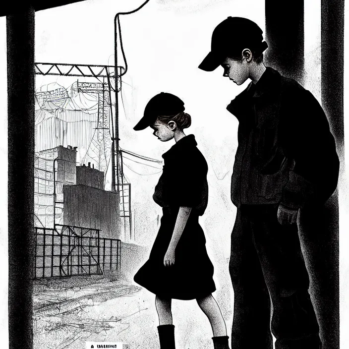 Image similar to [ sadie sink in dirty workmen clothes ] [ waves goodbye ] to workmen. near a gate. background : factory, dirty, polluted. technique : black and white pencil and ink. by gabriel hardman, joe alves, chris bonura. cinematic atmosphere, detailed and intricate, perfect anatomy