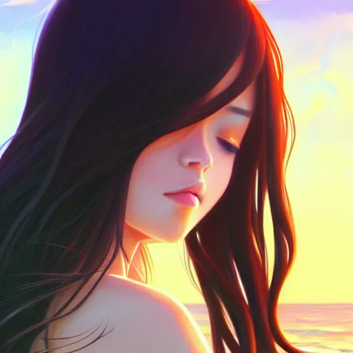 Image similar to a beautiful girl with long dark hair, on a beach, sunny, daytime, sharp focus, intricate, digital painting, artstation, official media, anime key visual, highly detailed, rich vivid colors, ambient lighting, illustration, art by Artgerm, Makoto Shinkai, Ilya Kuvshinov, Lois Van Baarle, and Rossdraws