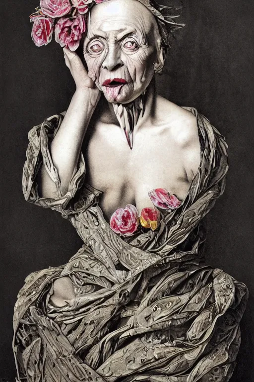 Image similar to Detailed maximalist portrait of a beautiful old woman with large lips and eyes, scared expression, botanical skeletal with extra flesh, HD mixed media, 3D collage, highly detailed and intricate, surreal illustration in the style of Caravaggio, dark art, baroque, centred in image