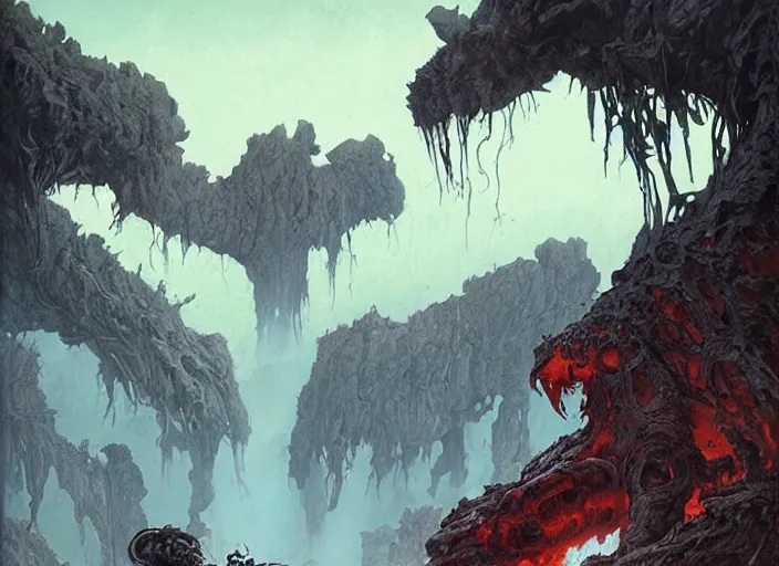 Image similar to the valley of dead giants, fluid, smooth, dark, organic, crazy, high contrast, sharpness, dramatic, by greg rutkowski and siudmak and richard corben and moebius