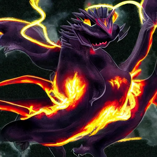 Prompt: a 3 headed black dragon pokemon shooting electricity out of its mouth