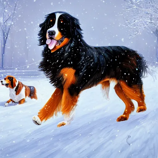 Prompt: girl riding giant Bernese Mountain Dog in the park, snow, trending on artstation