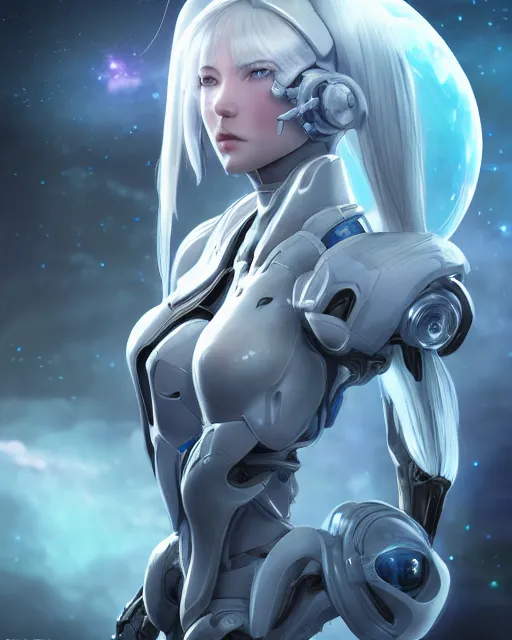 Image similar to perfect android girl on a mothership, warframe armor, beautiful face, scifi, futuristic, galaxy, nebula, raytracing, dreamy, long white hair, blue cyborg eyes, sharp focus, cinematic lighting, highly detailed, artstation, divine, by gauthier leblanc, kazuya takahashi, huifeng huang