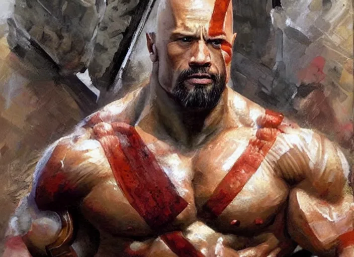 Image similar to a highly detailed beautiful portrait of dwayne johnson as kratos symmetric!!!!!, by gregory manchess, james gurney, james jean