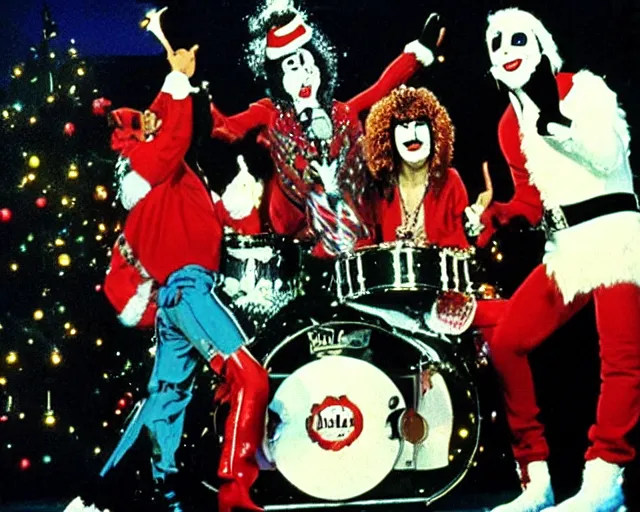 Prompt: 8 0's christmas special, featuring frosty the snowman, the band kiss, and the harlem globe trotters, frame from vhs tape