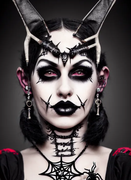 Image similar to a beautiful portrait of a beautiful goth beautiful girl with piercings in a collar with a mohawk hairstyle in a medieval dress, ankh, spider, bat, pentagram, witch, true goth, makeup. behance hd, oliver mark, global illumination, detailed and intricate environment