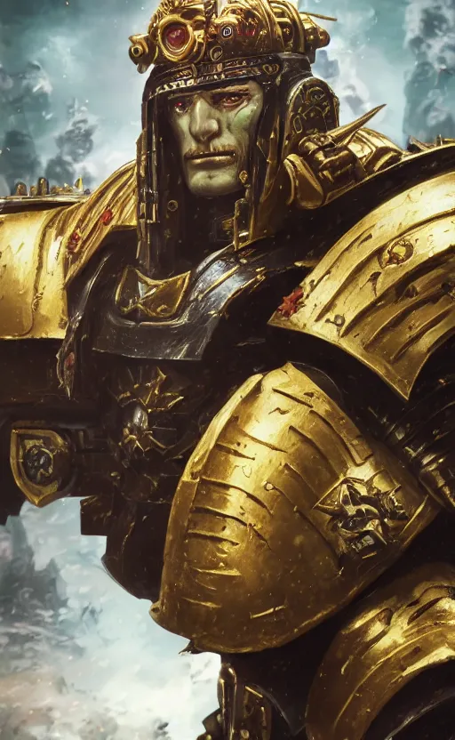 Image similar to warhammer 40k, half-lenght portrait of Emperor of Mankind, beautiful man without helmet, gold armor, beautiful face, long blonde hair, digital art, illustration, fine details, cinematic, highly detailed, octane render