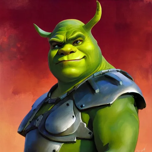 Prompt: greg manchess portrait painting of shrek in a futuristic armor, medium shot, asymmetrical, profile picture, organic painting, sunny day, matte painting, bold shapes, hard edges, street art, trending on artstation, by huang guangjian and gil elvgren and sachin teng