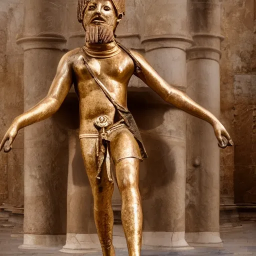 Image similar to Babylonia statue with head covered of gold, chest covered of silver, stomach and thighs covered in bronze, legs and feet covered in iron and clay, award winning photography
