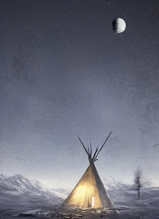 Image similar to an abandoned teepee on the top of a snowy mountain, waxing moon, greg rutkowski, 8 k, shallow depth of field, intricate detail, concept art,