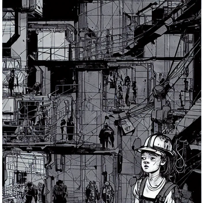 Prompt: tired sadie sink as a miner waits in a queue to a scifi cube room. set outside a coal mine. storyboard, scifi cyberpunk. by gabriel hardman, joe alves, chris bonura. cinematic atmosphere, detailed and intricate, perfect anatomy