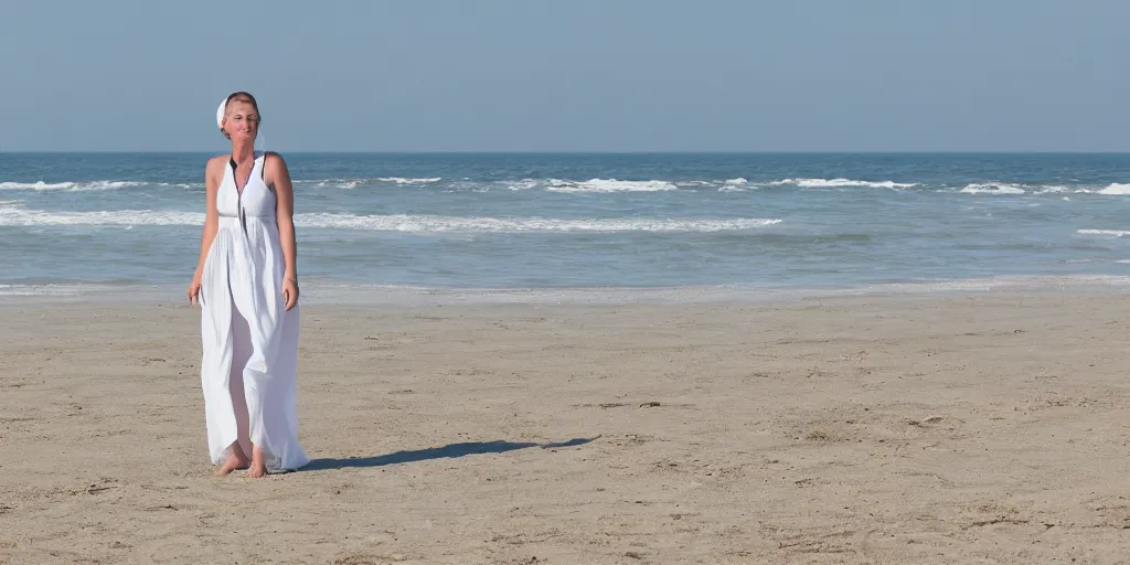 Image similar to a woman wearing a white dress standing on a beach in Denmark, in the style of Peder Severin