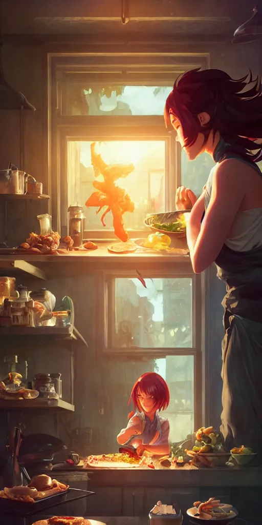 Image similar to girl cooking dinner, food wars, stephen bliss, unreal engine, fantasy art by greg rutkowski, loish, rhads and lois van baarle, ilya kuvshinov, rossdraws, tom bagshaw, alphonse mucha, global illumination, detailed and intricate environment