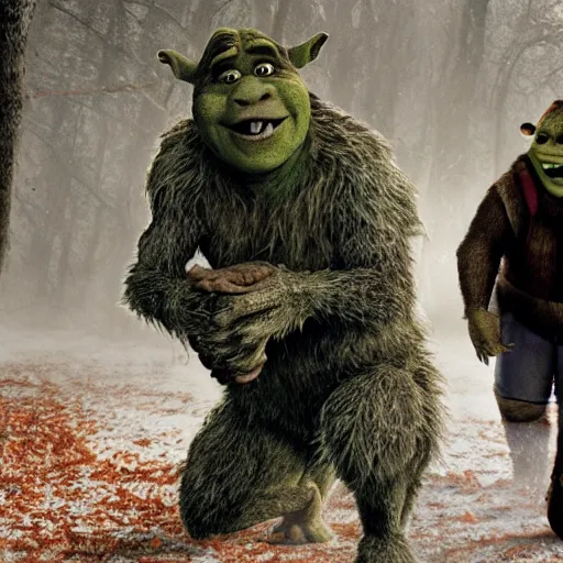 Image similar to film still of Shrek as a werewolf in American Werewolf in London
