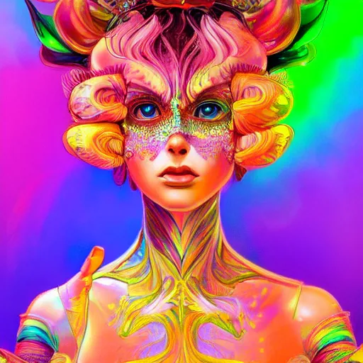 Image similar to a photograpic portrait of a anthropomorphic mimosa wearing colorful neon clothes, fantasy, intricate, elegant, highly detailed, digital painting, artstation, concept art, smooth, sharp focus, illustration, art by artgerm and H R Giger and alphonse mucha