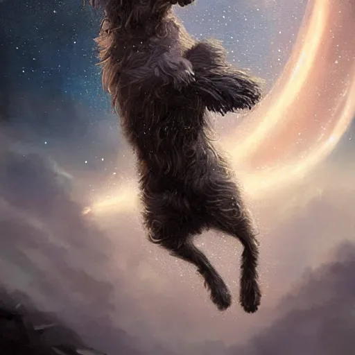 Image similar to portrait of a beautiful young dog falling into the stars by greg rutkowski, 4k, intricate details