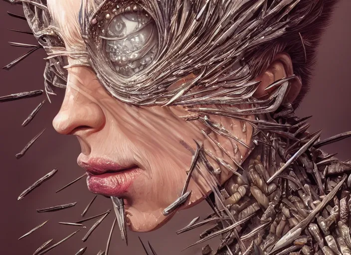 Image similar to a stupid head with highly detailed realistic nails sticking out of it, hammered nails, pain, light effect, hyper detailed, intricate, elegant, highly detailed, digital painting, artstation, concept art, matte, sharp focus, illustration, by dan mumford, yusuke murata, makoto shinkai, ross tran