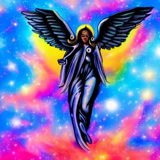 Prompt: black angel, clouds, galaxies, vibrant colors