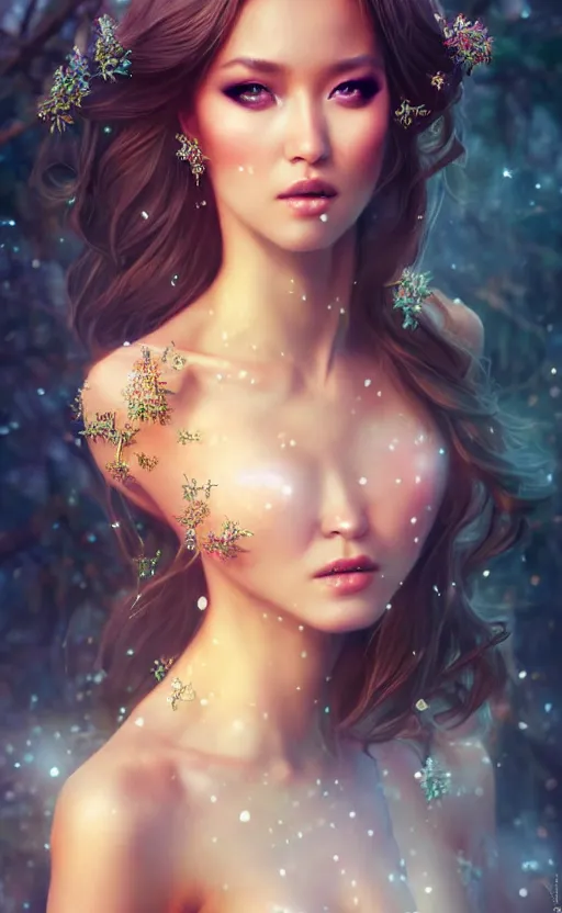 Image similar to a fantasy photo of gorgeous russian female, evening gown, bokeh, medium shot, beautiful face, professionally retouched, soft lighting, realistic, smooth face, perfect eyes, sharp focus, 8 k realistic high definition, insanely detailed, intricate, elegant, art by artgerm and kyoung hwan kim