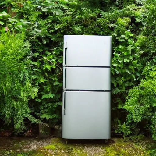 Prompt: a photograph of an opened fridge with beautiful overflowing overgrown plants