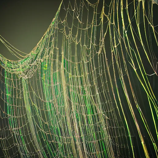 Prompt: a translucent wall made of millions of thin ribbons and threads of translucent gold, silver, and green that are twisting, swirling, unraveling, and pulling apart into vast spiderweb structures, unreal engine