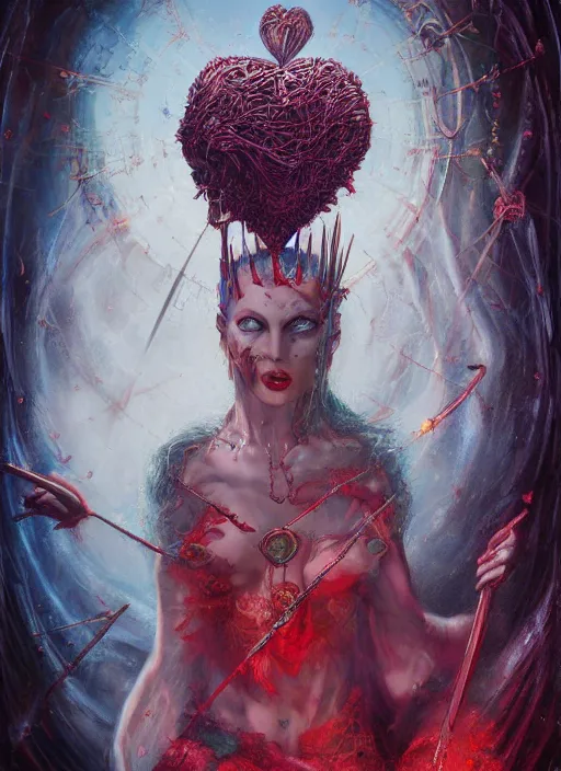 Image similar to queen of hearts the magician tarot card, highly detailed, cinematic, 8 k, by megan duncanson, stanley artgermm, tom bagshaw, craig mullins, carne griffiths, ayami kojima, beksinski, giger, trending on deviantart, hyper detailed, horror, full of colour