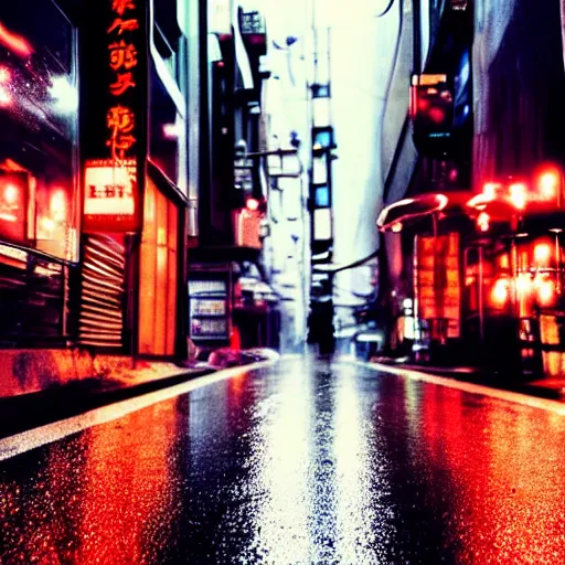 Prompt: rainy night city street, headlights, street lights, neon, reflections, cyberpunk vibe, cinematic, new tokyo