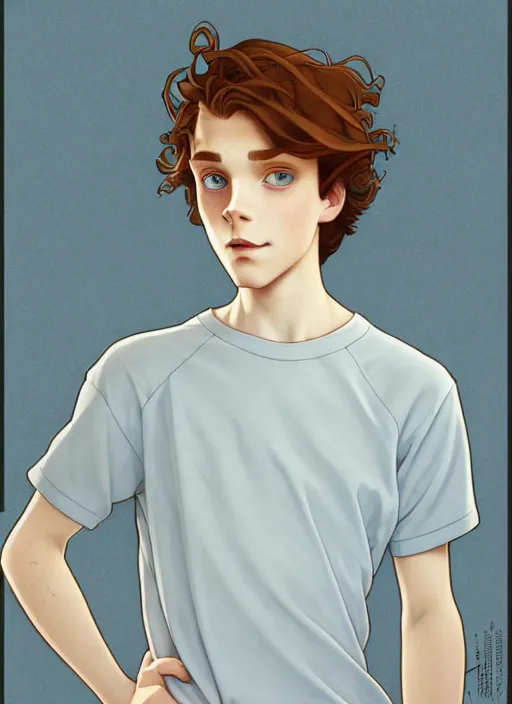 Image similar to art nouveau portrait of a teen boy with straight auburn hair, light blue eyes, pale skin, freckles, sad expression, t - shirt, modern casual clothing, natural lighting, path traced, highly detailed, high quality, cartoon, digital painting, by don bluth and ross tran and studio ghibli and alphonse mucha