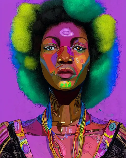 Image similar to colorful character portrait of a black female hippie with natural hair, set in the future 2 1 5 0 | highly detailed face | very intricate | symmetrical | cinematic lighting | award - winning | painted by mandy jurgens | pan futurism, dystopian, bold colors, cyberpunk, groovy 1 9 6 0 s 1 9 7 0 s vibe, anime aesthestic | featured on artstation