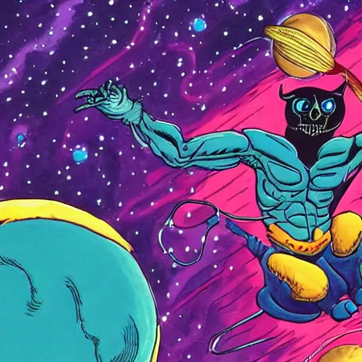 Prompt: skeletor riding a giant black cat in outer space