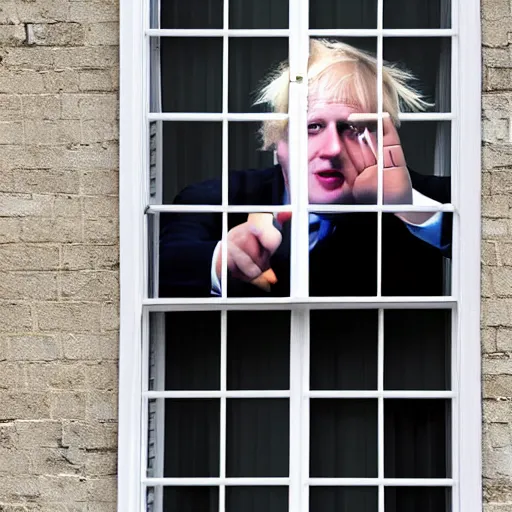 Prompt: window blinds in a house being pulled back to reveal a terrifying boris johnson staring at you through the window with his hand on the window, horror, black and white