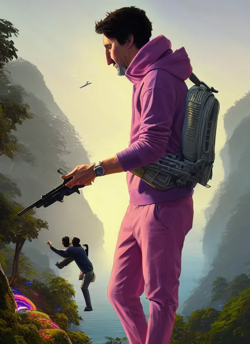 Image similar to highly detailed portrait justin trudeau in ( ( pink hoody rainbow socks ) ) holding ar - 1 5! ( setting costa rica ) in gta v stephen bliss unreal engine fantasy art by greg rutkowski loish rhads ferdinand knab makoto shinkai lois van baarle ilya kuvshinov rossdraws tom bagshaw global illumination radiant light detailed intricate environment