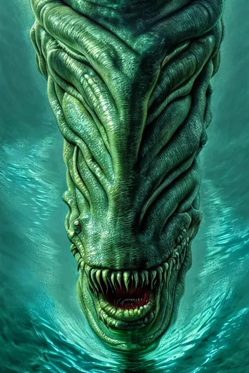 Image similar to hyperrealistic close-up surrealism underwater chimera monster!!! highly detailed concept art eric zener elson peter cinematic hard green lighting high angle hd 8k sharp shallow depth of field, inspired by David Paul Cronenberg and Zdzisław Beksiński