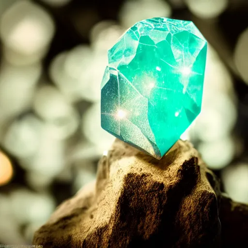 Prompt: a glowing crystal is sitting in a dark cave, clear focus, bokeh effect, high res, hasselblad, dslr, professional, cinematic