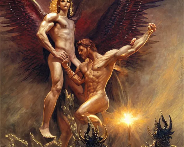 Image similar to lavish male deity, casting demonic magic, summoning ( muscular ) lucifer morning star, as they battle over the earthly realm, highly detailed painting by gaston bussiere, craig mullins, j. c. leyendecker, tom of finland