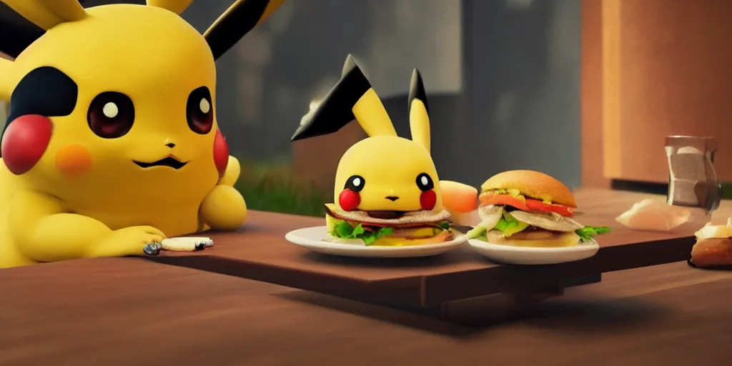 Prompt: a realistic Pikachu alone next to a table eating a delicious hamburger, digital art, wide shot, highly detailed, hyperrealistic, photorealistic, unreal engine 5, made by a professional 3d artist, dynamic lighting, trending on artstation, 4k uhd, epic composition