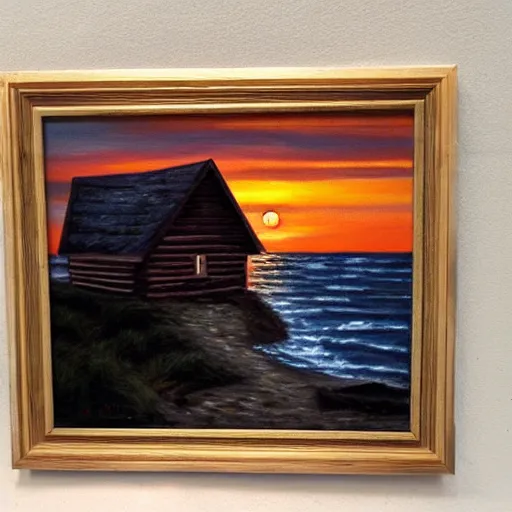 Image similar to sunset over a wooden cabin on the coast, sea, oil painting