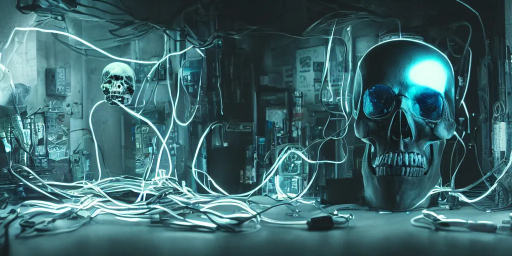 Image similar to a photorealistic cyberpunk skull with electronic wires and cables coming out of it, eyes lighting up with LED lights, in a seedy cellar lab, vaporwave, scifi, trending on artstation, 4K, cinematic, epic lighting, UHD, HDR