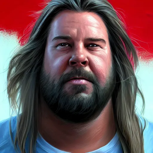 Image similar to portrait of a half fatman half pig with long hair tied in a ponytail, light stubble with red shirt ,digital art,photorealistoc,art by greg rutkowski,hyperdetailed,western comic style,comic,comic style,sharp lineart,professional lighting,deviantart,artstation,trevor henderson,rossdtaws,cinematic,dramatic