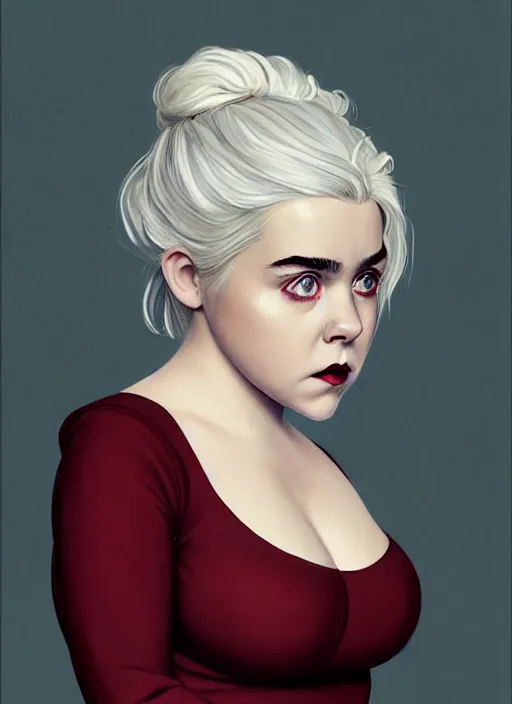 Image similar to full body portrait, kiernan shipka as sabrina spellman, white hair, obese, bangs, sultry, realistic, sultry smirk, fluffy bangs, curly bangs, fat, belly, intricate, elegant, highly detailed, digital painting, artstation, concept art, smooth, sharp focus, illustration, art by wlop, mars ravelo and greg rutkowski