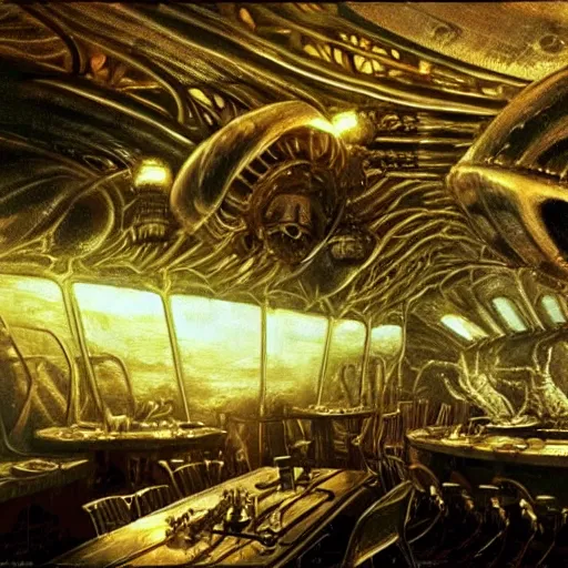 Image similar to scene from prometheus movie, hr giger artlilery spaceship lands in country tavern, filigree ornaments, volumetric lights, syd mead