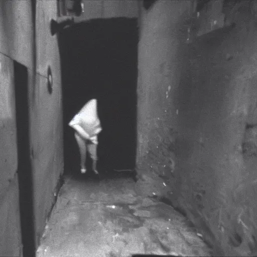 Prompt: vhs footage of a hooded creature in an alleyway approaching the camera