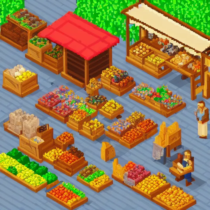 Prompt: isometric pixel art of a small medieval market stall selling fruits