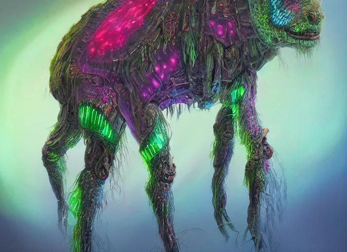 Prompt: detailed full body concept art illustrated colorful bioluminescence pastel painting of a nightmare Chernobyl mutated animal in full intricate detail, ultra detailed, digital art, octane render, 4K, dystopian, micro details