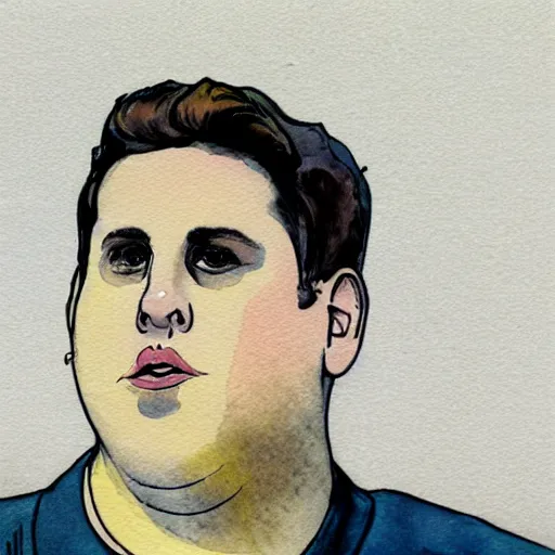 Image similar to jonah hill, stylized. Watercolor and ink. 1950s.