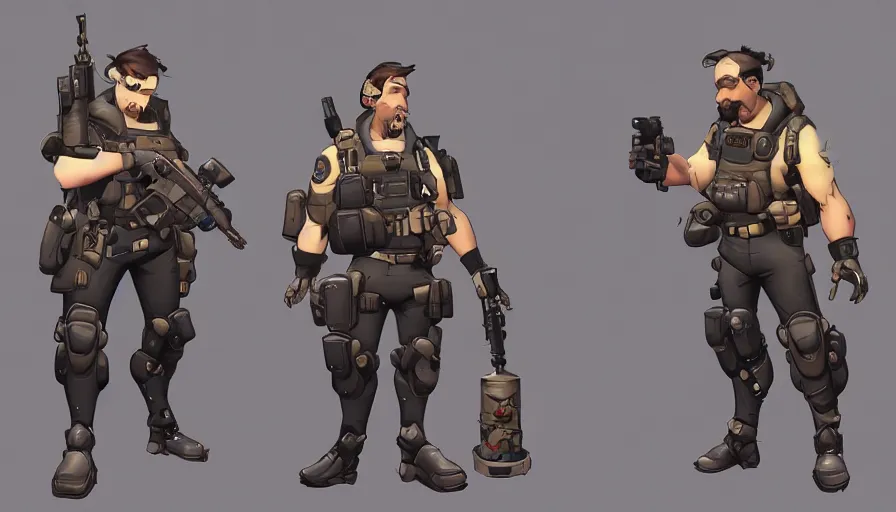 Prompt: Concept art for new Overwatch character: The Saboteur, French Special Ops, Short, Nimble, Sly, Silenced Five-Seven Pistol is his Main Weapon, Uses Explosives, Charge Explosives, C4 Explosive, Roguish, Hand Grenades, Zombie theme, Martyrdom, Dark Humor, Widowmaker's former lover, Cursed, Immortal, Male, Rugged, Daggers, High-tech, Fast, Black and Green