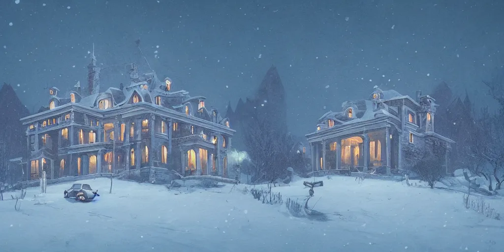 Image similar to haunted mansion on a snowy hill by simon stalenhag, matte painting